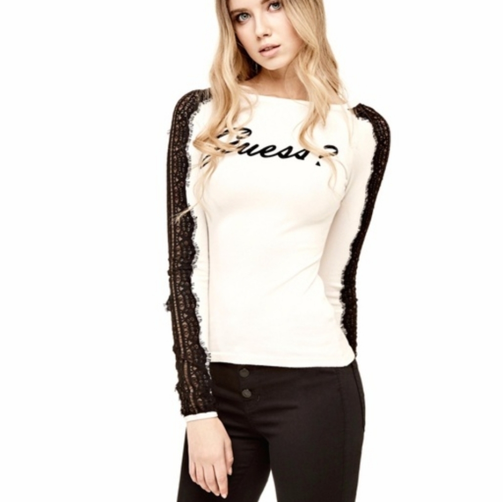 Guess Holly Lace Sleeve Logo Sweater